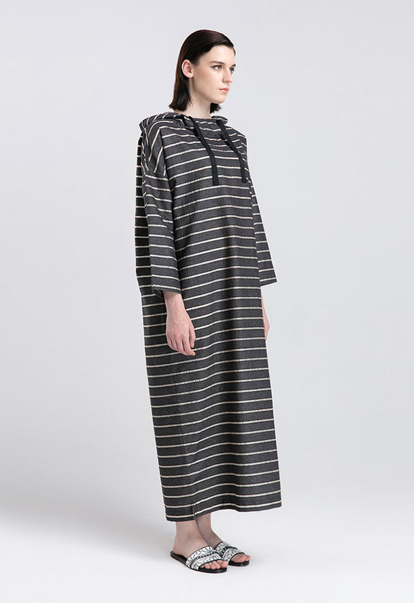 Choice Organza Insertion Hoodie Denim Maxi Dress Black Stripes