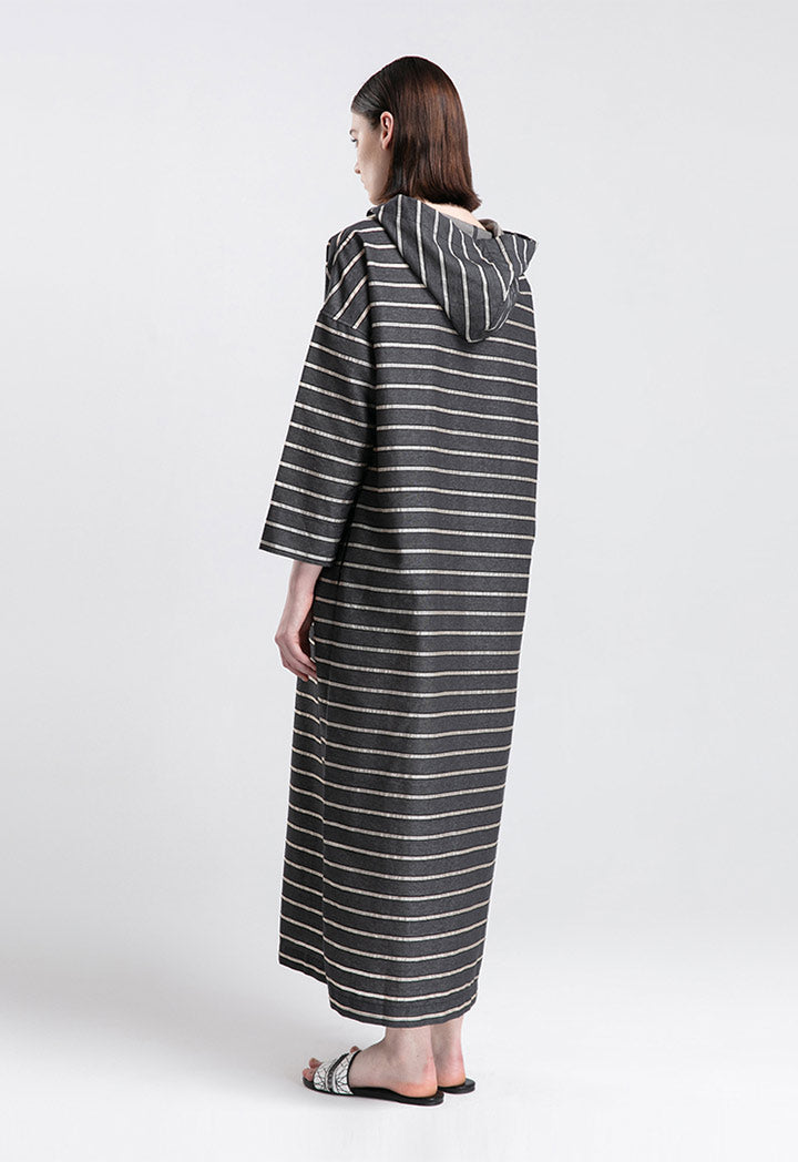 Choice Organza Insertion Hoodie Denim Maxi Dress Black Stripes