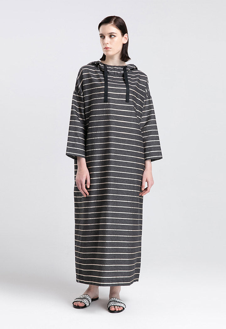 Choice Organza Insertion Hoodie Denim Maxi Dress Black Stripes