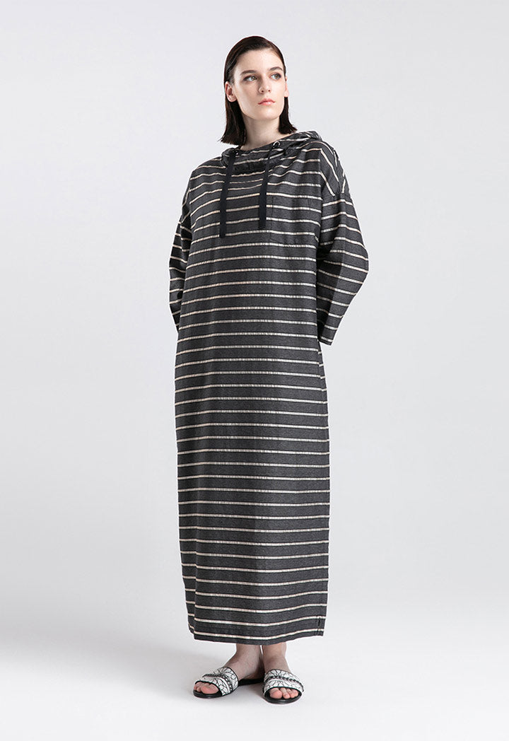 Choice Organza Insertion Hoodie Denim Maxi Dress Black Stripes