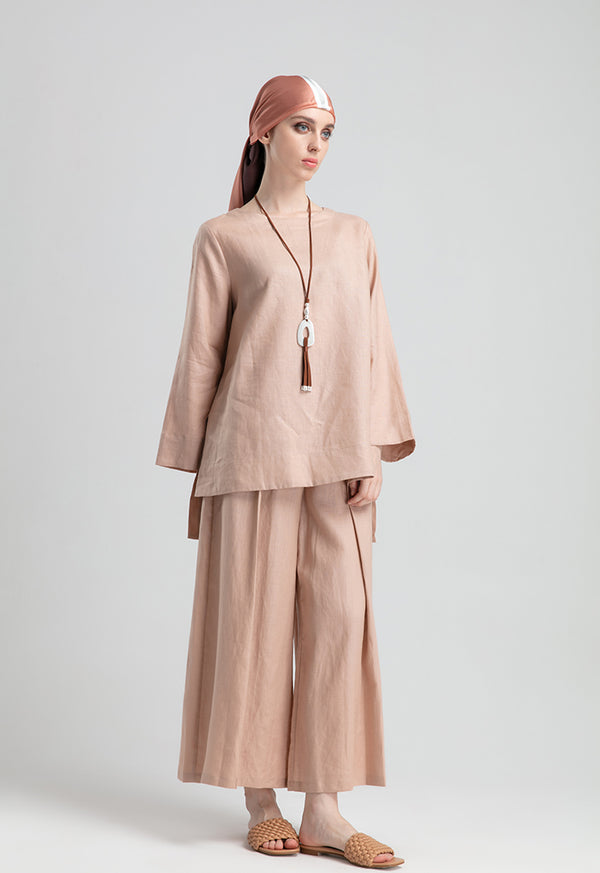 Choice Solid Color Linen Wide Leg Pants Rose