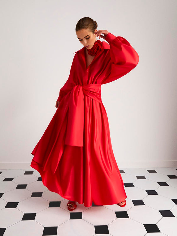 Nocturne Belted Taffeta Dress Red