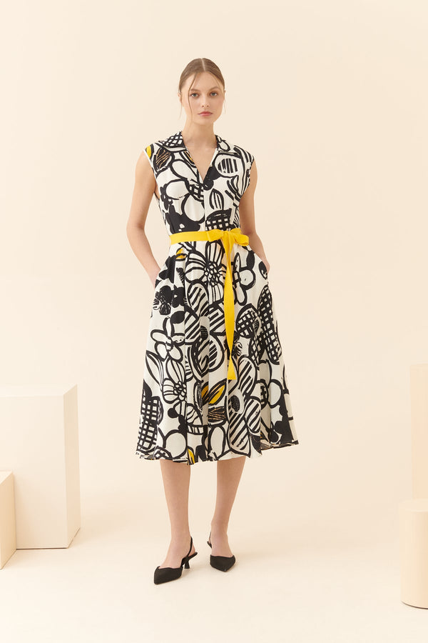 Roman Floral Pattern Belted Midi Dress Multi Color