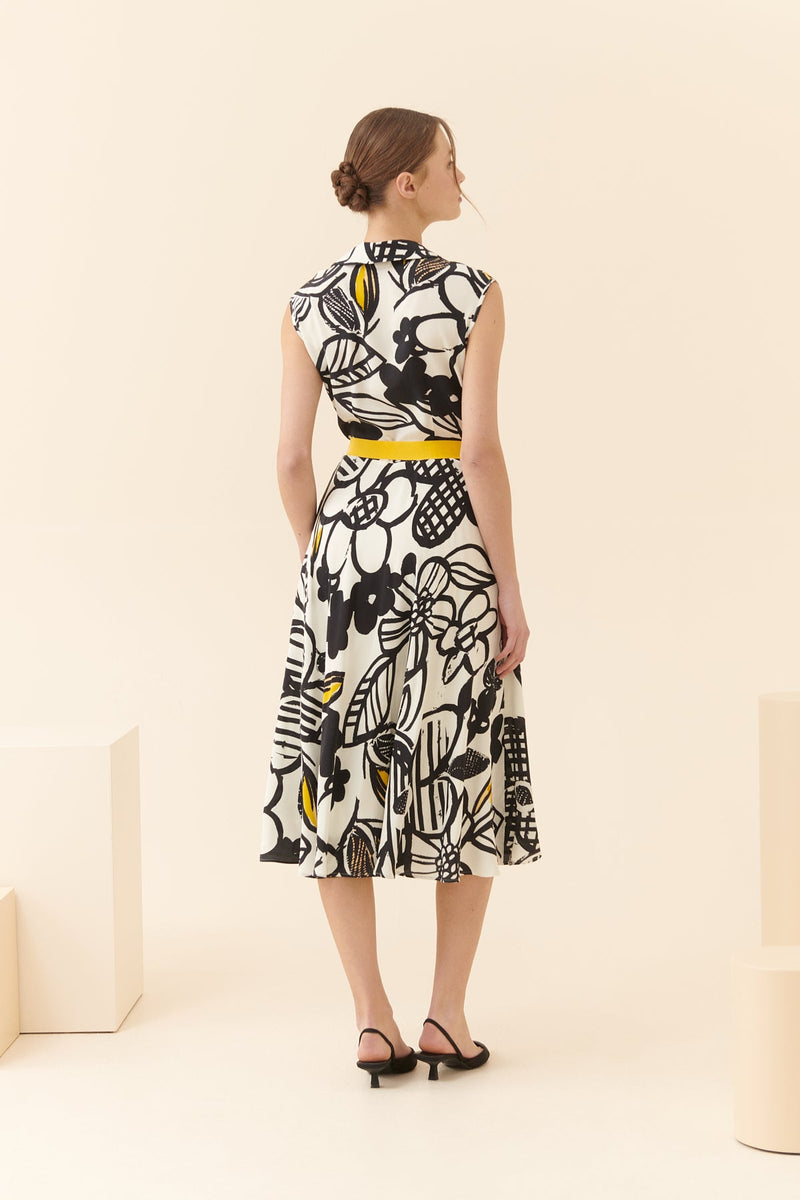 Roman Floral Pattern Belted Midi Dress Multi Color