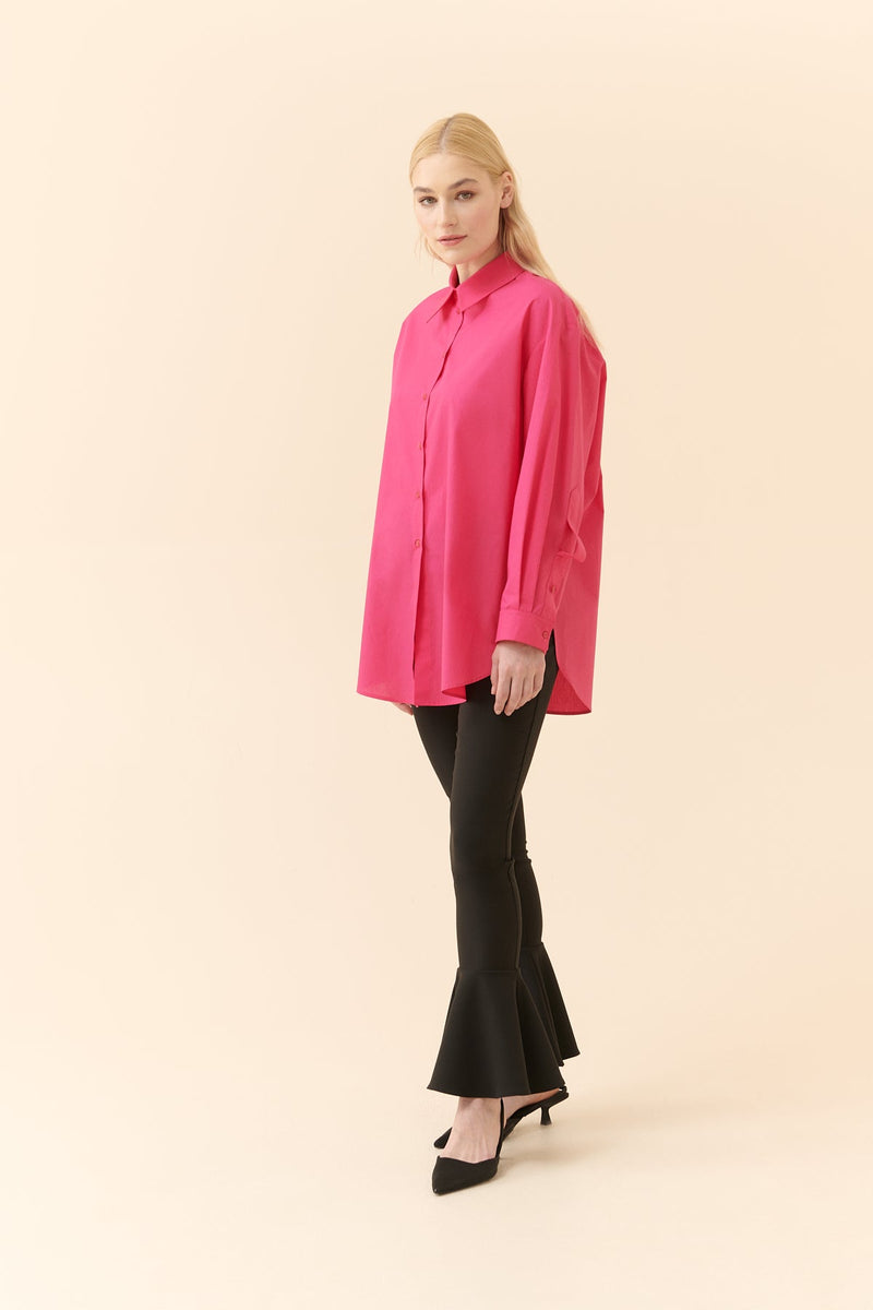 Roman Solid Cuff-Tied Poplin Shirt Fuchsia