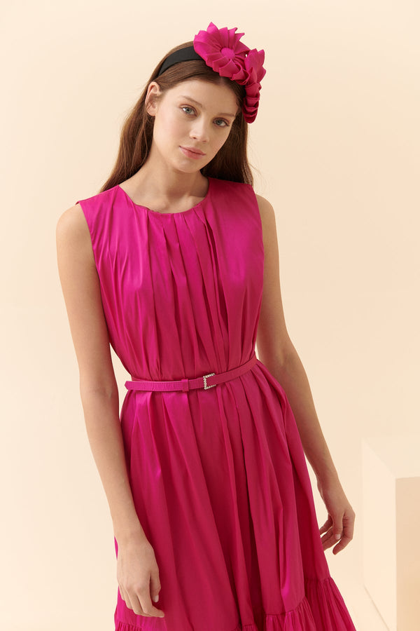 Roman Belt Detailed Taffeta Evening Dress Fuchsia