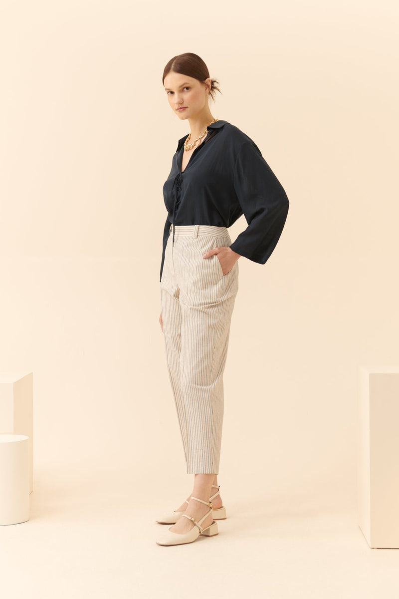 Roman Striped Pattern Linen Trousers Multi Color