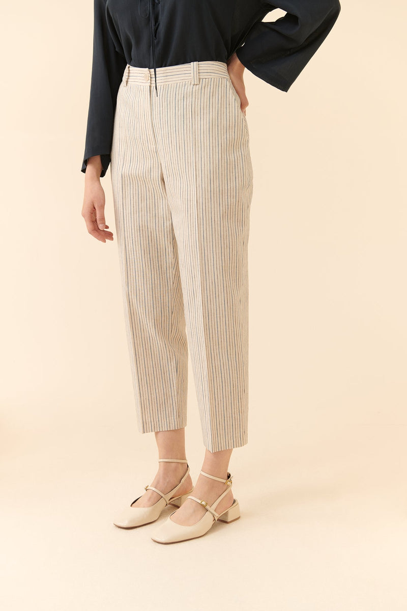 Roman Striped Pattern Linen Trousers Multi Color