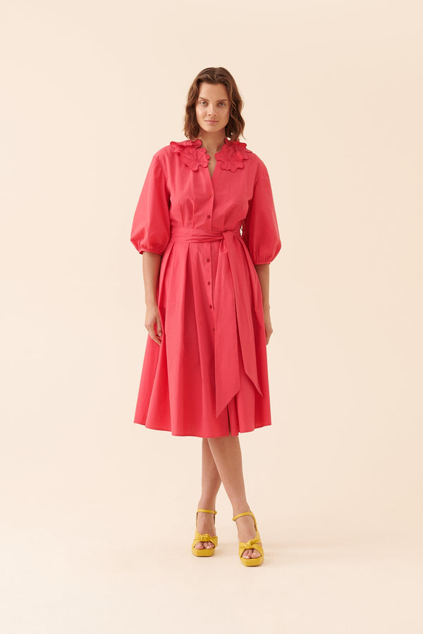 Roman Three Quarter Belted Shirt Dress Fuchsia