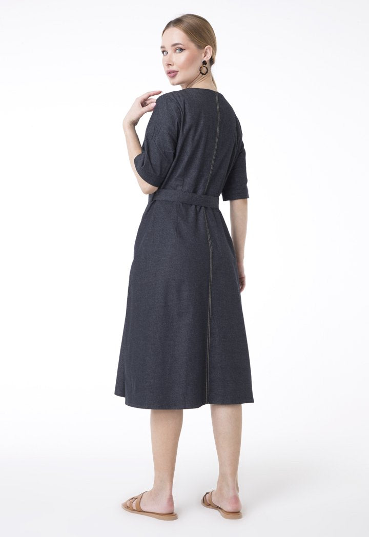 UNQ Denim Short Sleeve Belted A-Line Midi Dress DARK GREY