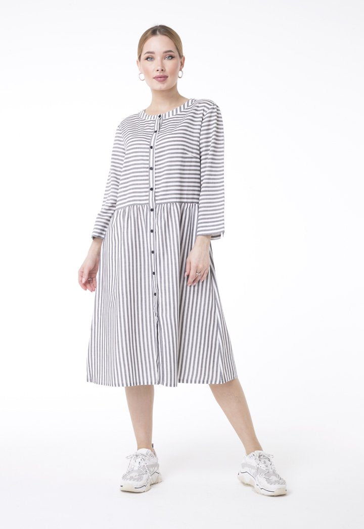 UNQ Striped Long Sleeve A-Line Midi Dress GREY