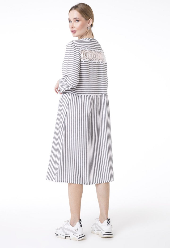 UNQ Striped Long Sleeve A-Line Midi Dress GREY