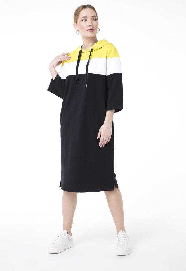 UNQ Three-Quarter Sleeve Drawstring Shift Midi Hoodie Dress MULTI COLOR