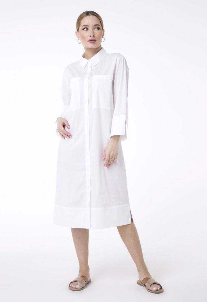 UNQ Long Sleeve Shift Midi Shirt Dress WHITE