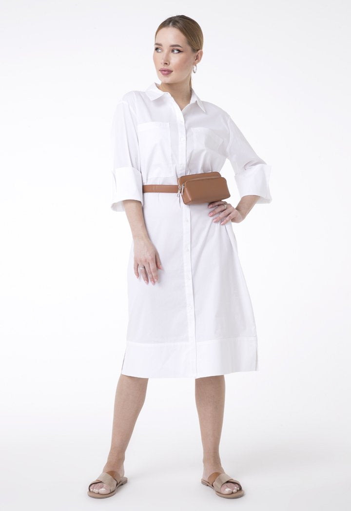 UNQ Long Sleeve Shift Midi Shirt Dress WHITE