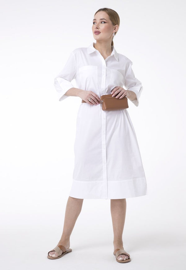 UNQ Long Sleeve Shift Midi Shirt Dress WHITE