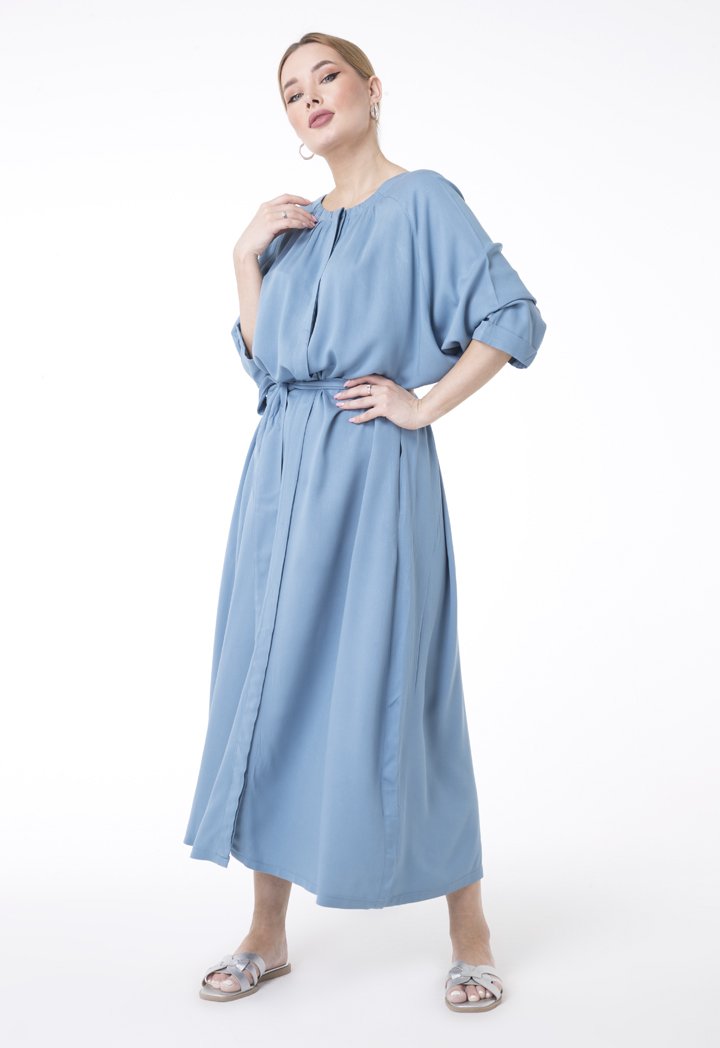 UNQ Long Sleeve Belted A-Line Midi Dress BLUE