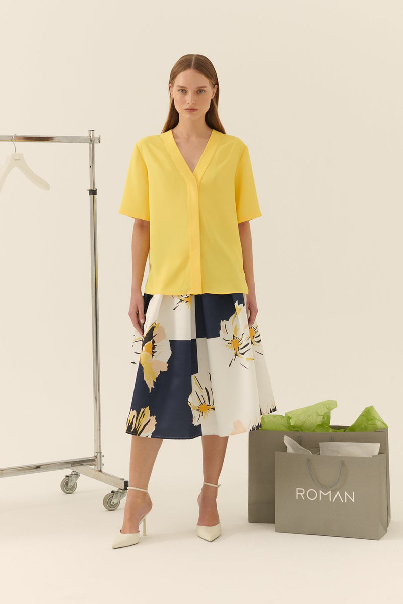 Roman V-Neck Crepe Blouse Yellow