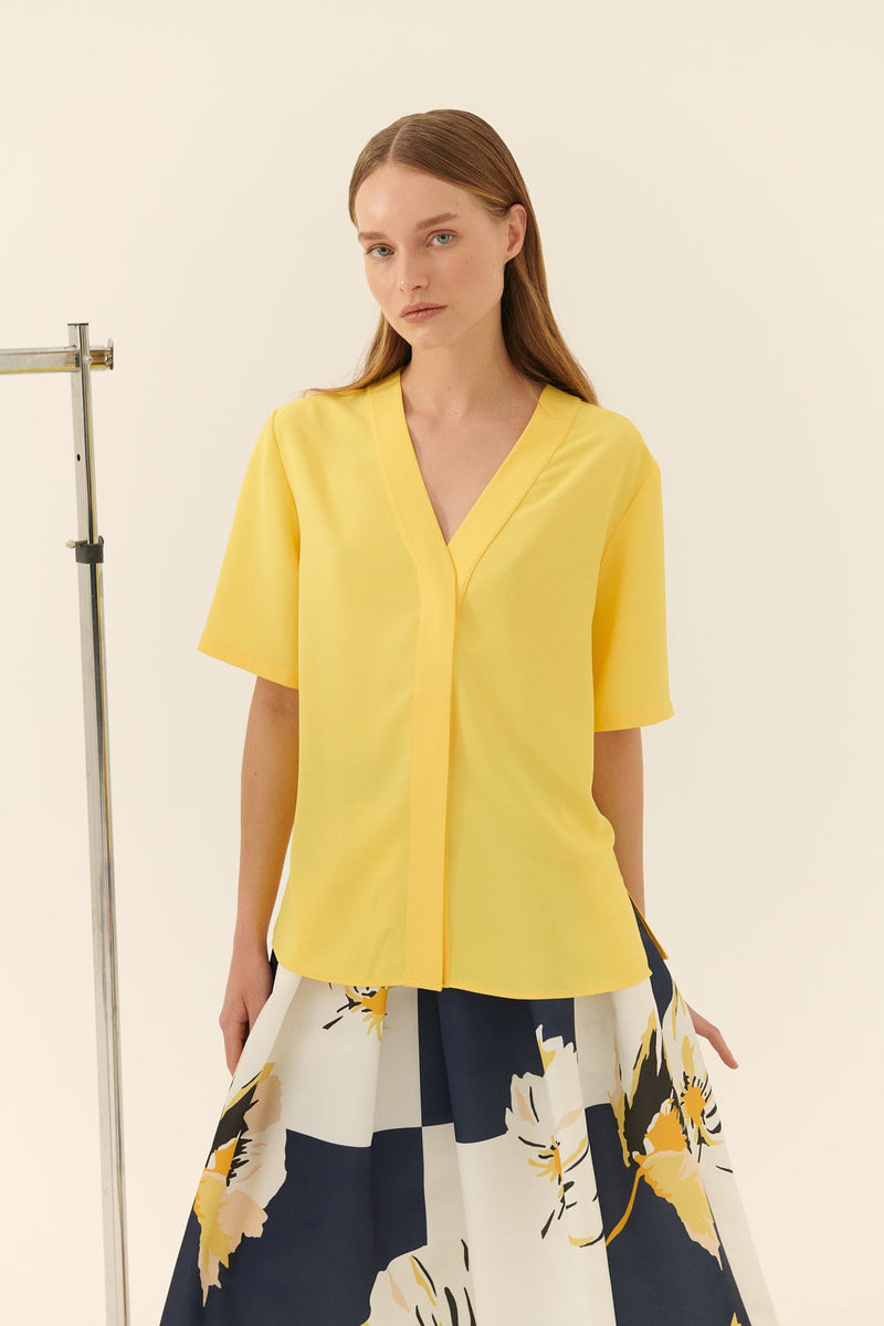 Roman V-Neck Crepe Blouse Yellow