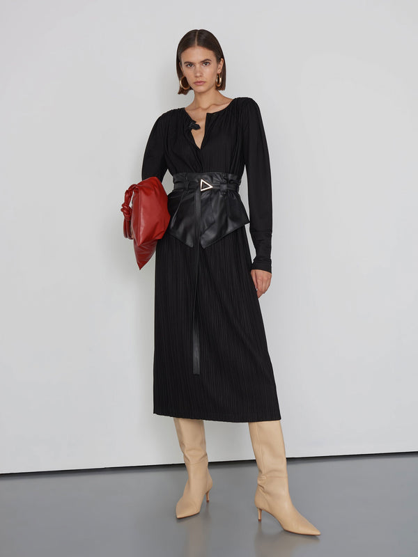 Baqa Pleated Dress With Leather Belt Black