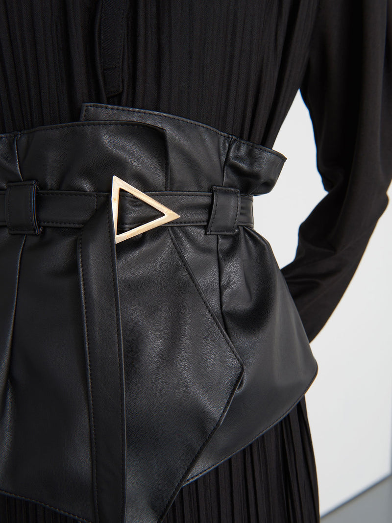 Baqa Pleated Dress With Leather Belt Black