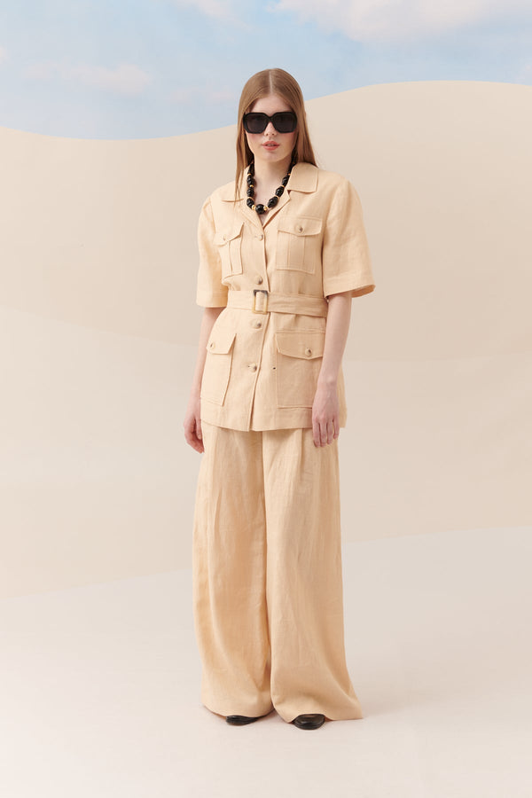 Roman Solid Pocket Detail Jacket With Belt Natural