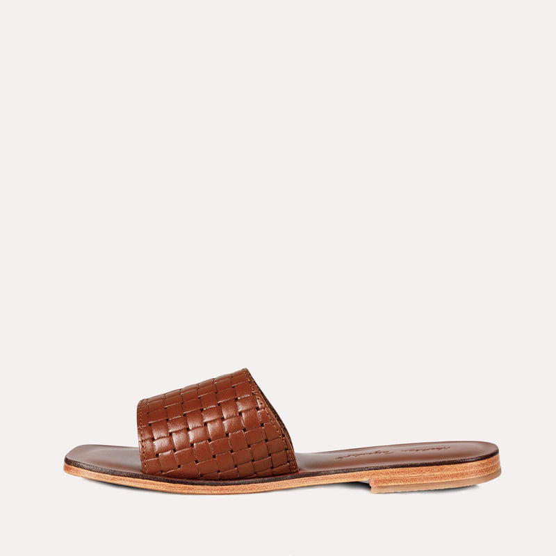 Neslihan Canpolat Leather Knit Textured Slippers Tabacco