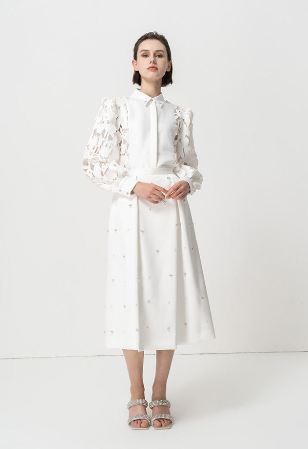 Choice Solid Laser Cut Fabric Organza Shirt Offwhite