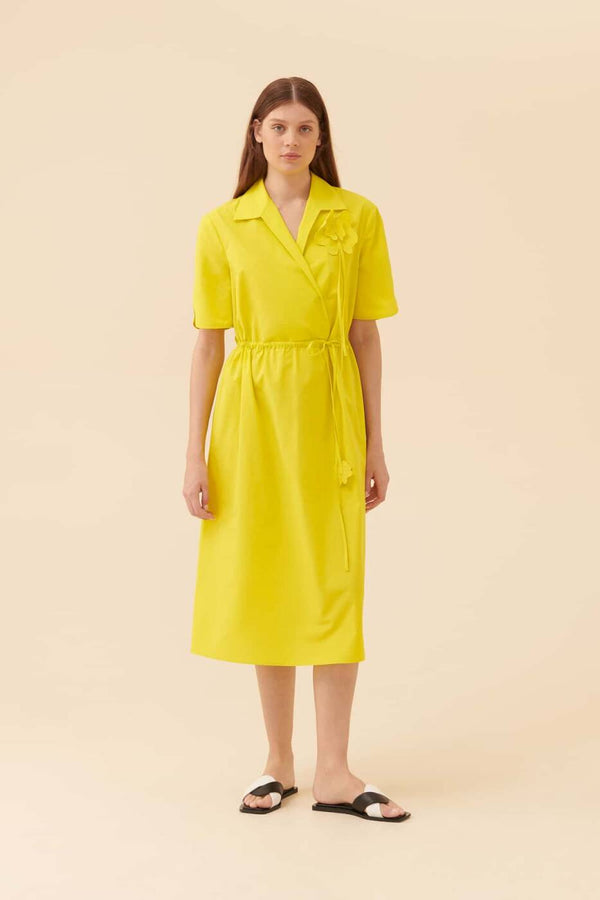 Roman Flower Applique Detail Midi Dress Yellow